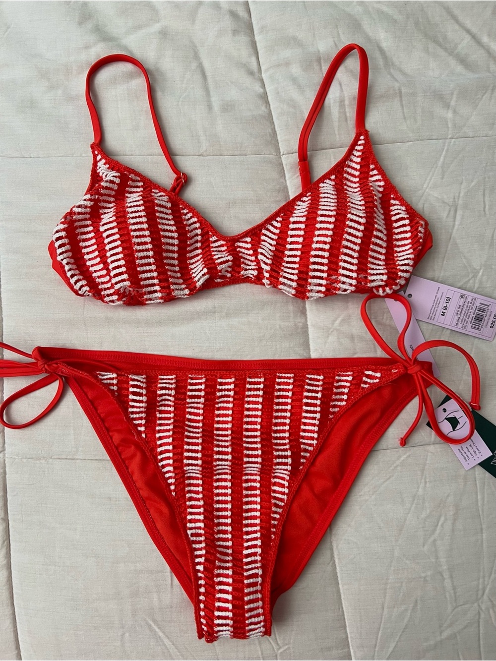 Orange & White Striped Crochet Tie-Side Bikini